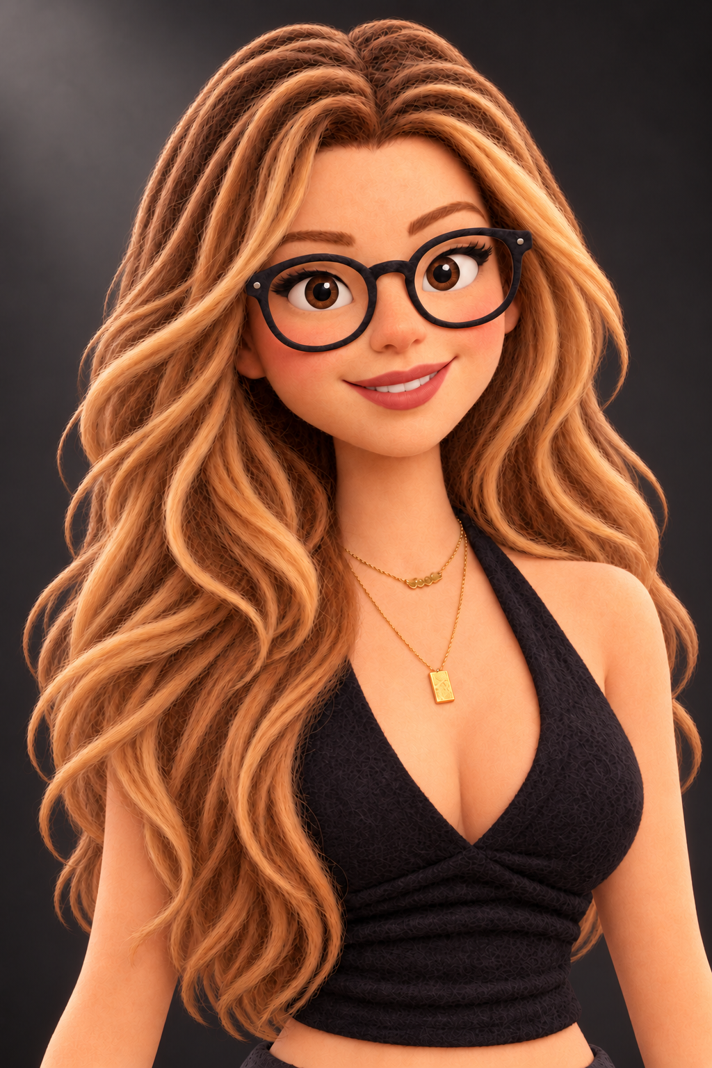 Boneca 3D inspirada em Camila, sorrindo, com cabelos ondulados e óculos pretos.