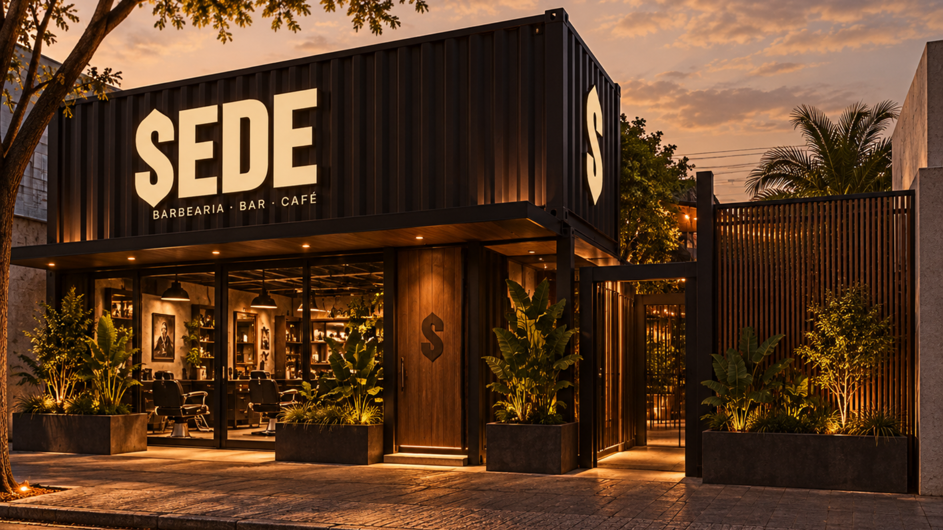 Fachada da SEDE em container, com barbearia, bar e café ao entardecer.