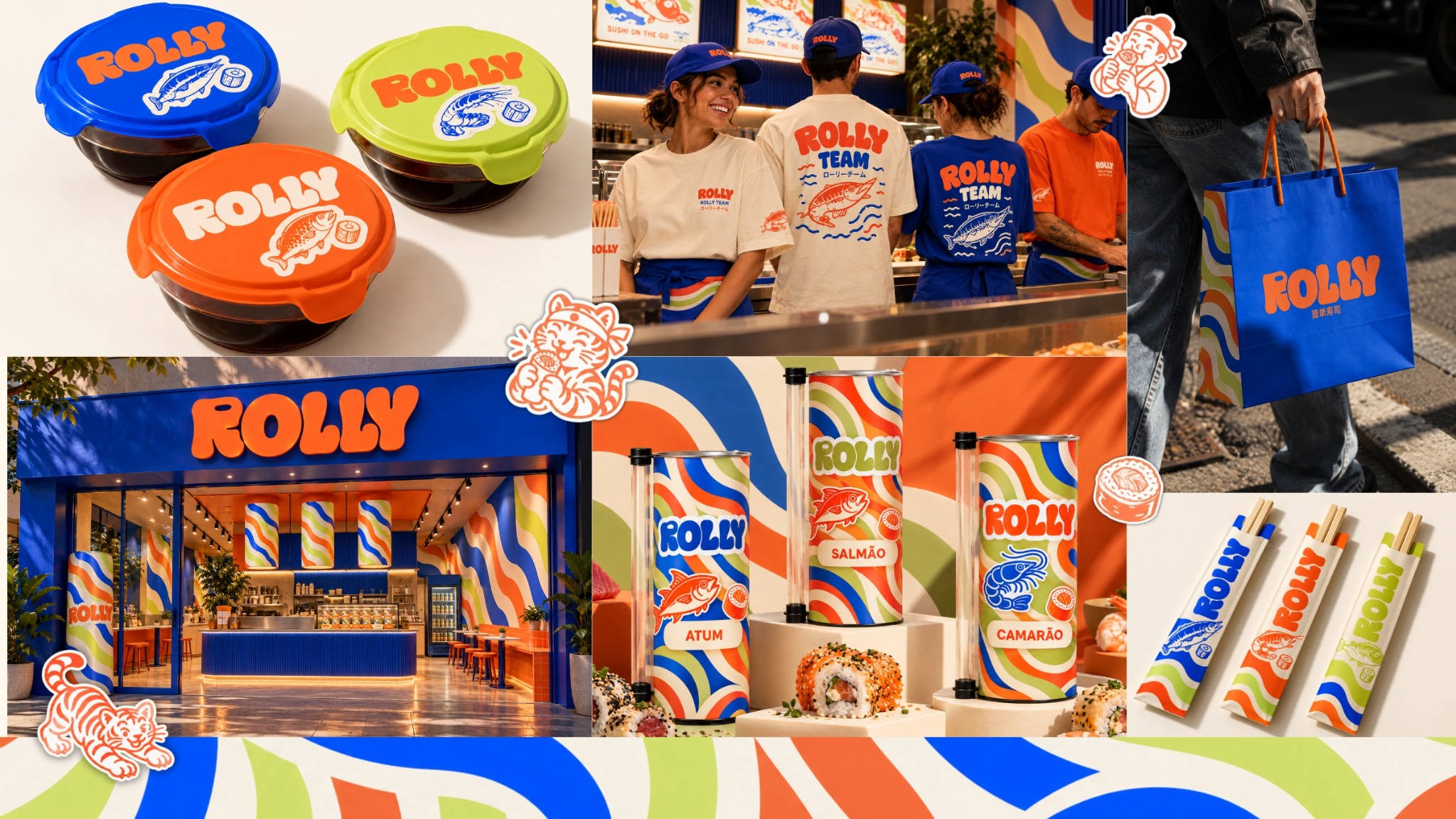 Mosaico com identidade, embalagem, loja e equipe da Rolly